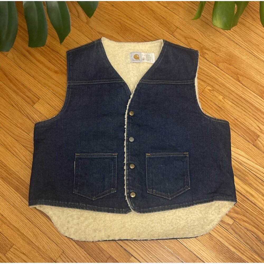 Vintage 70s 80s Mens XL Carhartt Sherpa Lined Denim Jean Vest Snap Front 8SV USA